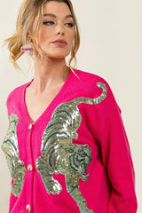 BiBi Front Tiger Sequin Patch V-neck Sweater Cardigan OutfitFlow