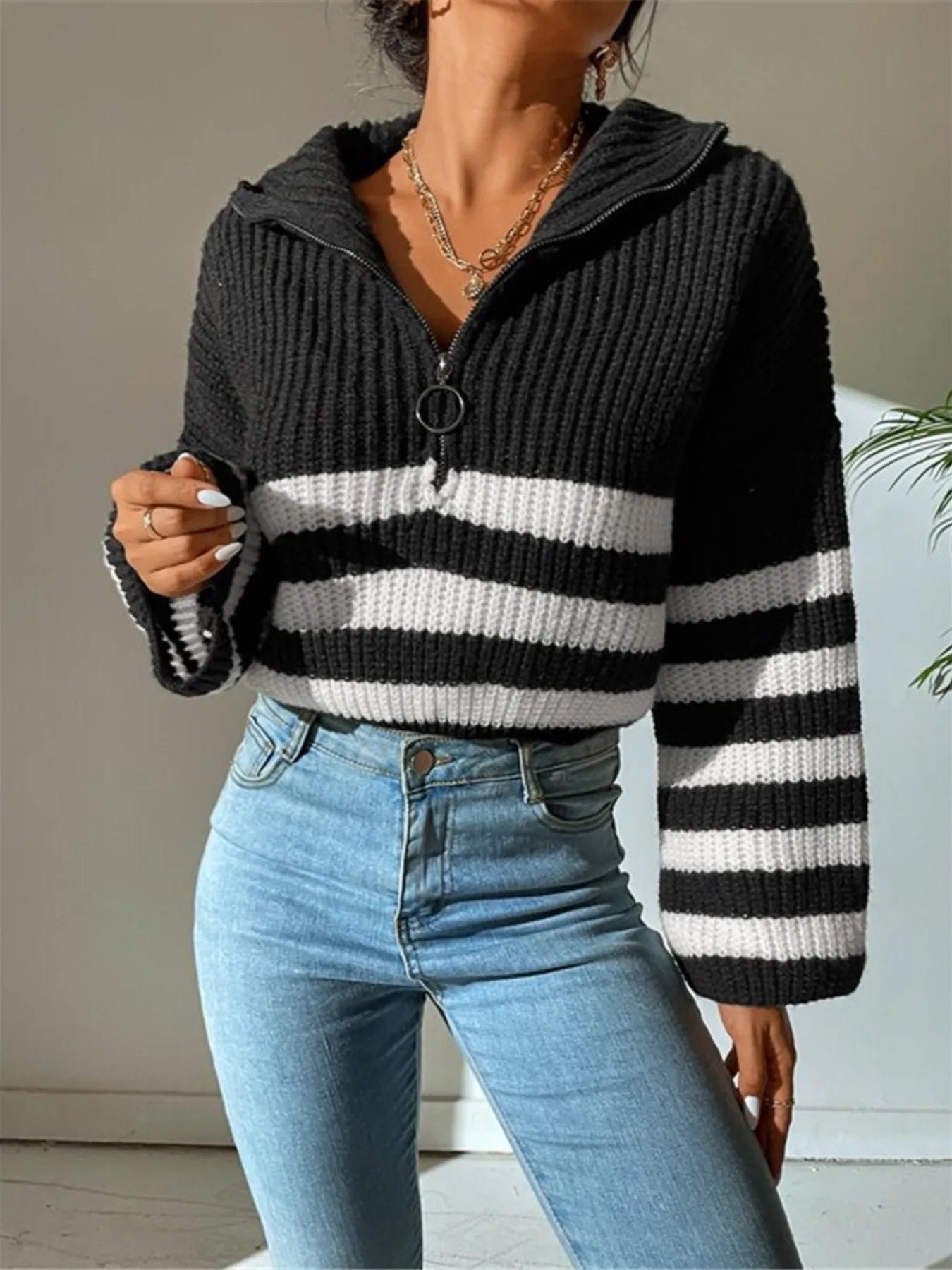Striped Half Zip Cropped Sweater Black OutfitFlow