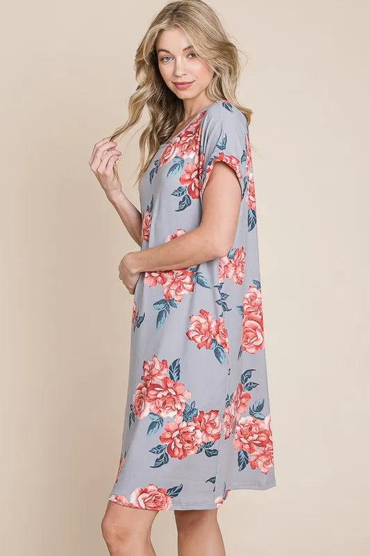 BOMBOM Floral Round Neck Short Tee Dress with Pockets OutfitFlow