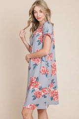BOMBOM Floral Round Neck Short Tee Dress with Pockets OutfitFlow