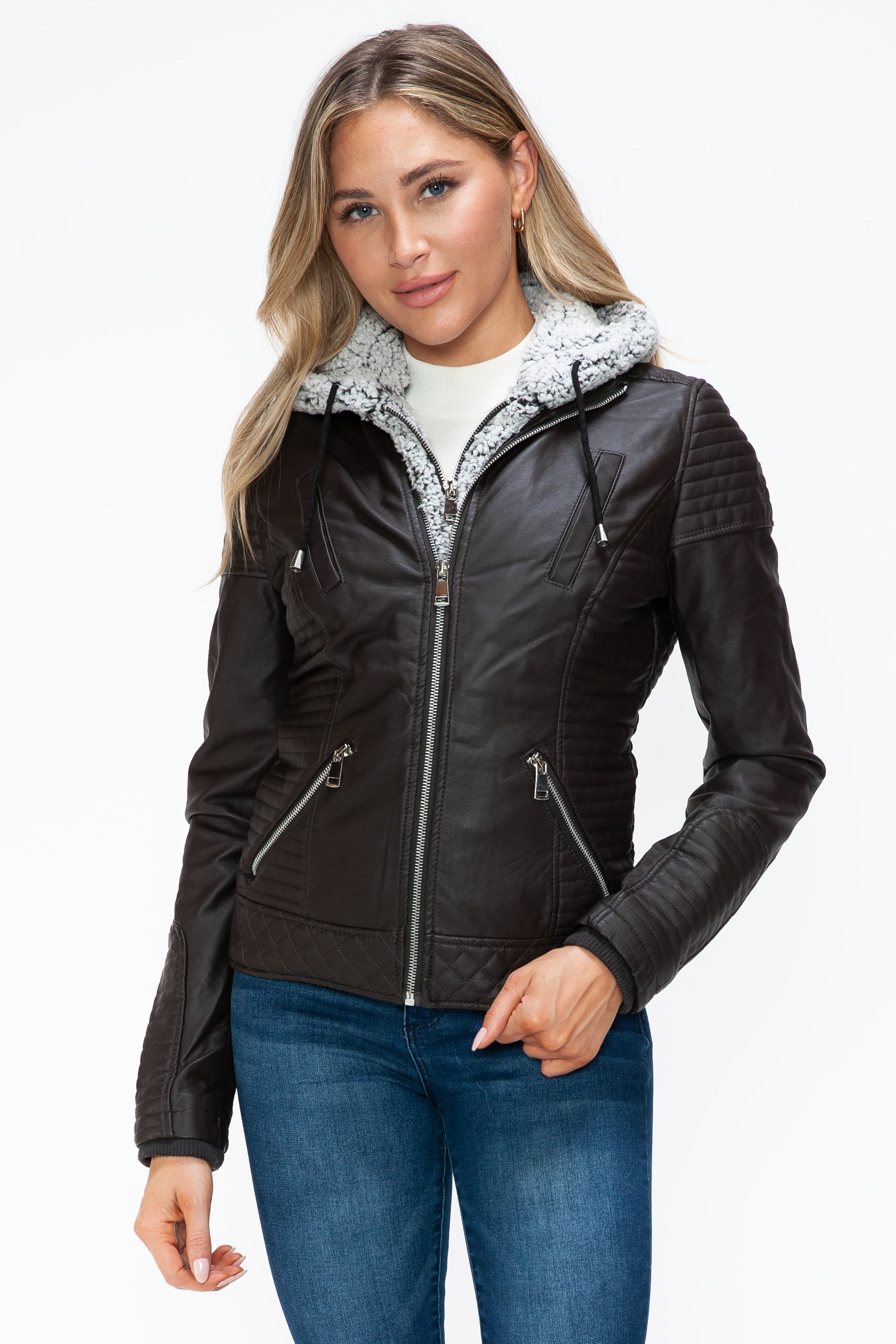 Outfit Flow - YMI Faux Layered Double-Zipper Jacket with Fuzzy Hood