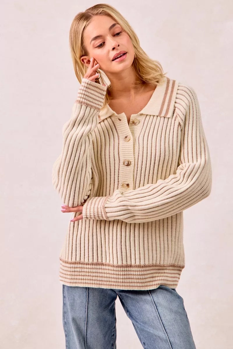 BiBi Half Button Ribbed Two Tone Sweater OutfitFlow