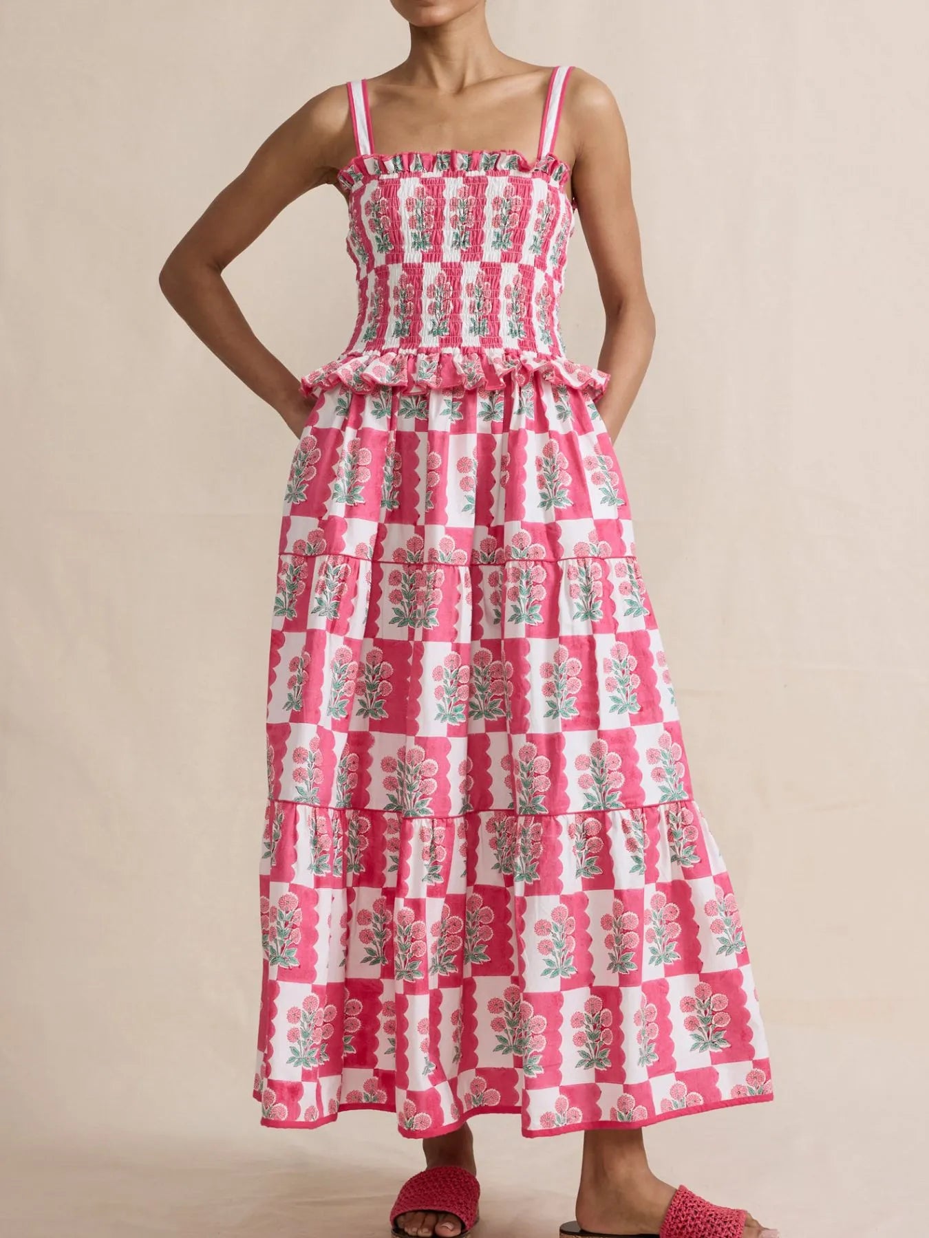 Bohemian Floral Print Smocked Tiered Maxi Dress Burnt Coral OutfitFlow