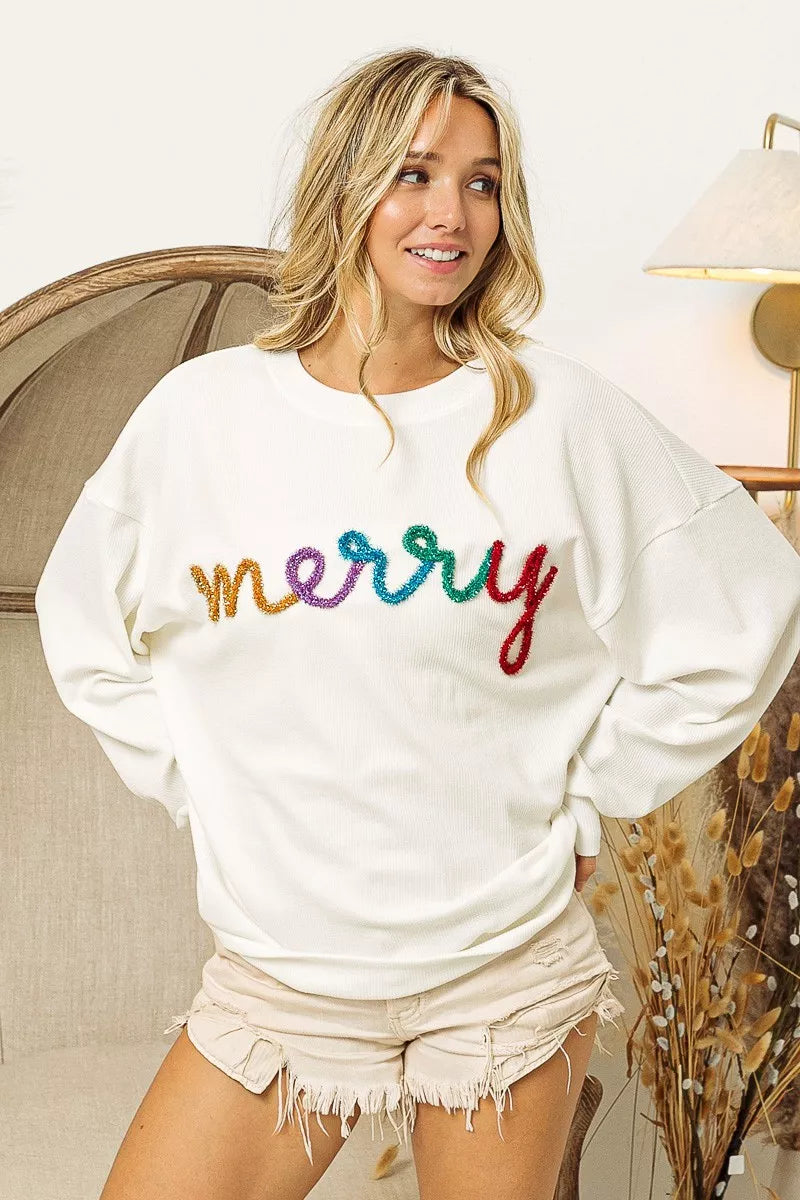 BiBi Merry Tinsel Lettering Drop Shoulder Sweatshirt OutfitFlow