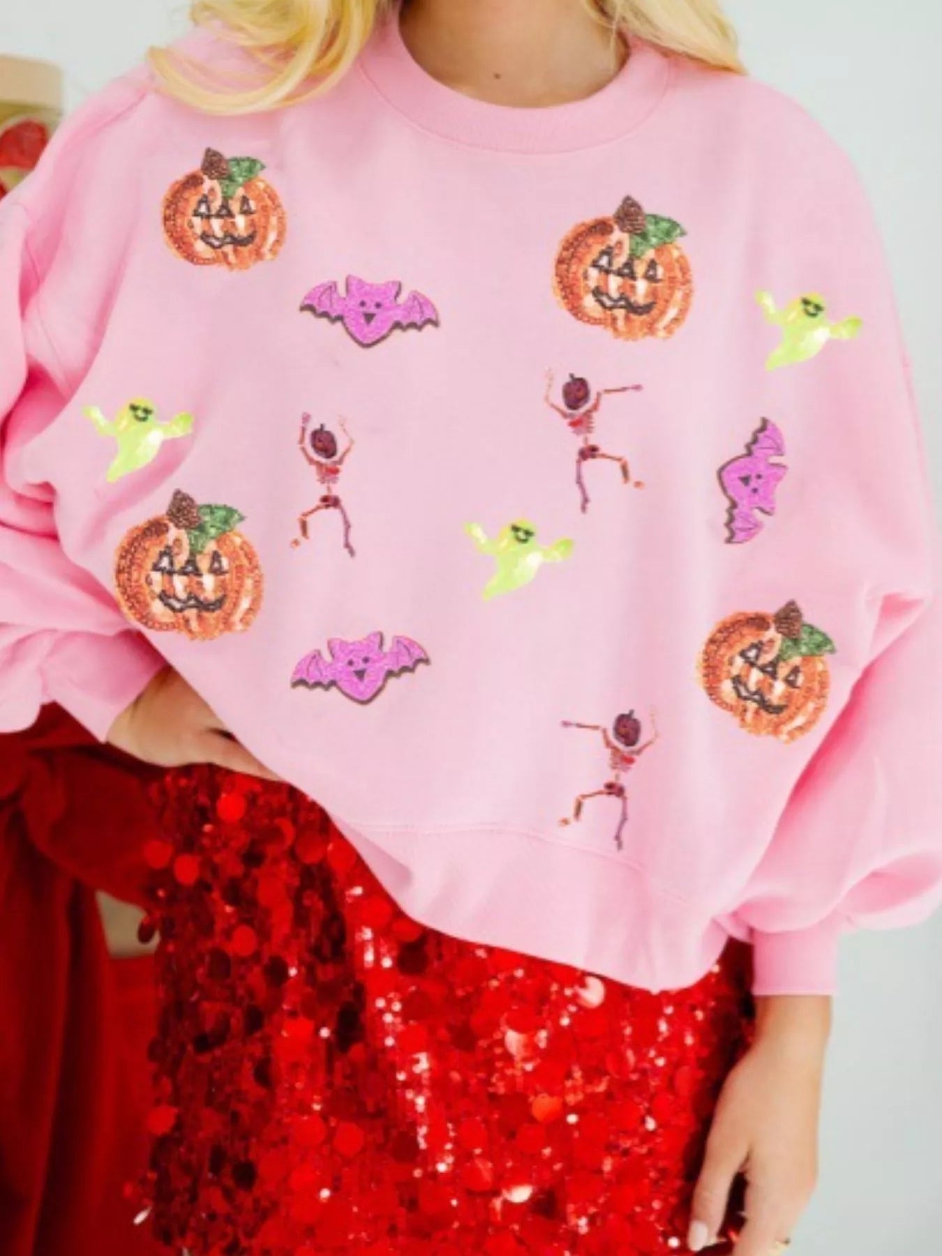 Halloween Sequin Round Neck Long Sleeve Sweatshirt Blush Pink OutfitFlow