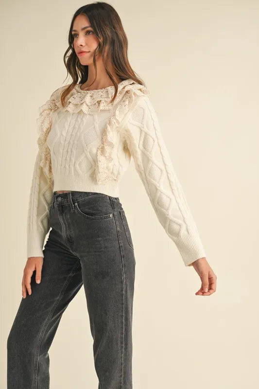 MABLE Ruffled Lace Crochet Sweater Trendsi