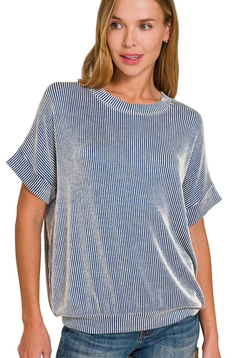 Zenana Corded Rib Short Sleeve T-Shirt LT NAVY OutfitFlow