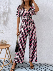 Printed Surplice Tie Waist Short Sleeve Jumpsuit OutfitFlow