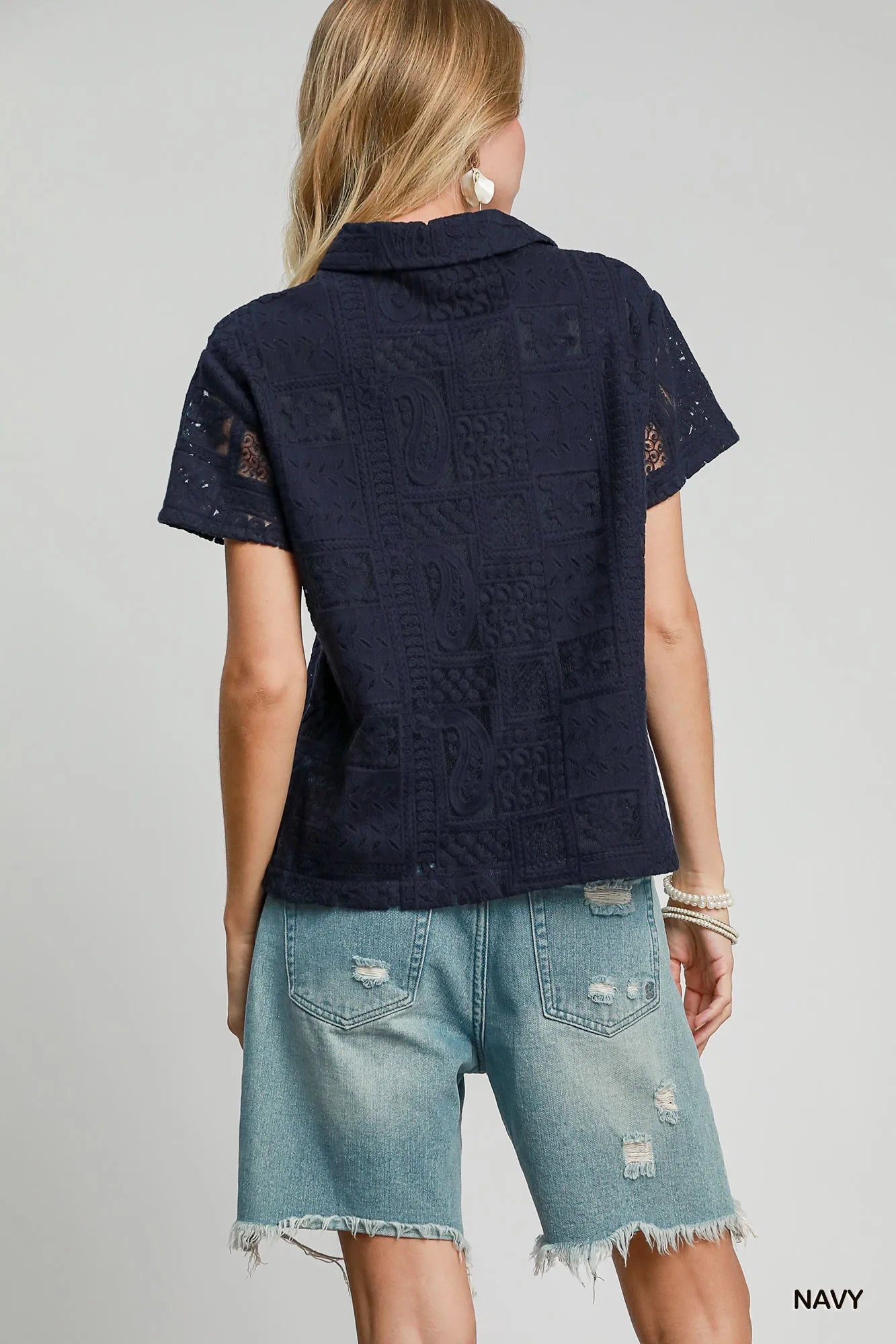 Umgee Patch Lace Short Sleeve Button Down Shirt Trendsi