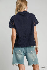 Umgee Patch Lace Short Sleeve Button Down Shirt Trendsi