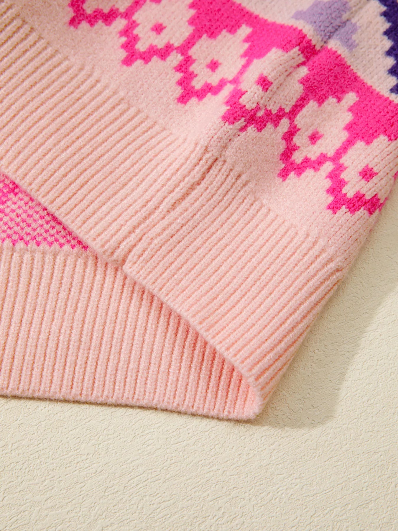 Multicolour Ethnic Christmas Pattern Knit Feather Cuffed Sweater OutfitFlow