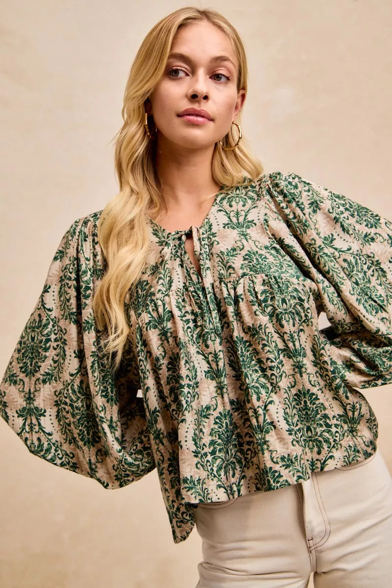 BiBi Printed Woven Front Tied Blouse with Baloon Sleeve OutfitFlow