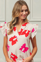 BiBi Bow Printed Woven Ruffled Sleeves V Neck Top OutfitFlow