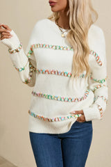 Round Neck Long Sleeve Sweater Ivory Trendsi