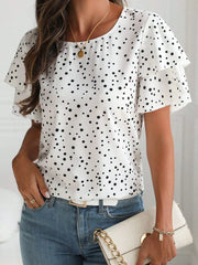 Polka Dot Layered Ruffled Short Sleeve Blouse OutfitFlow