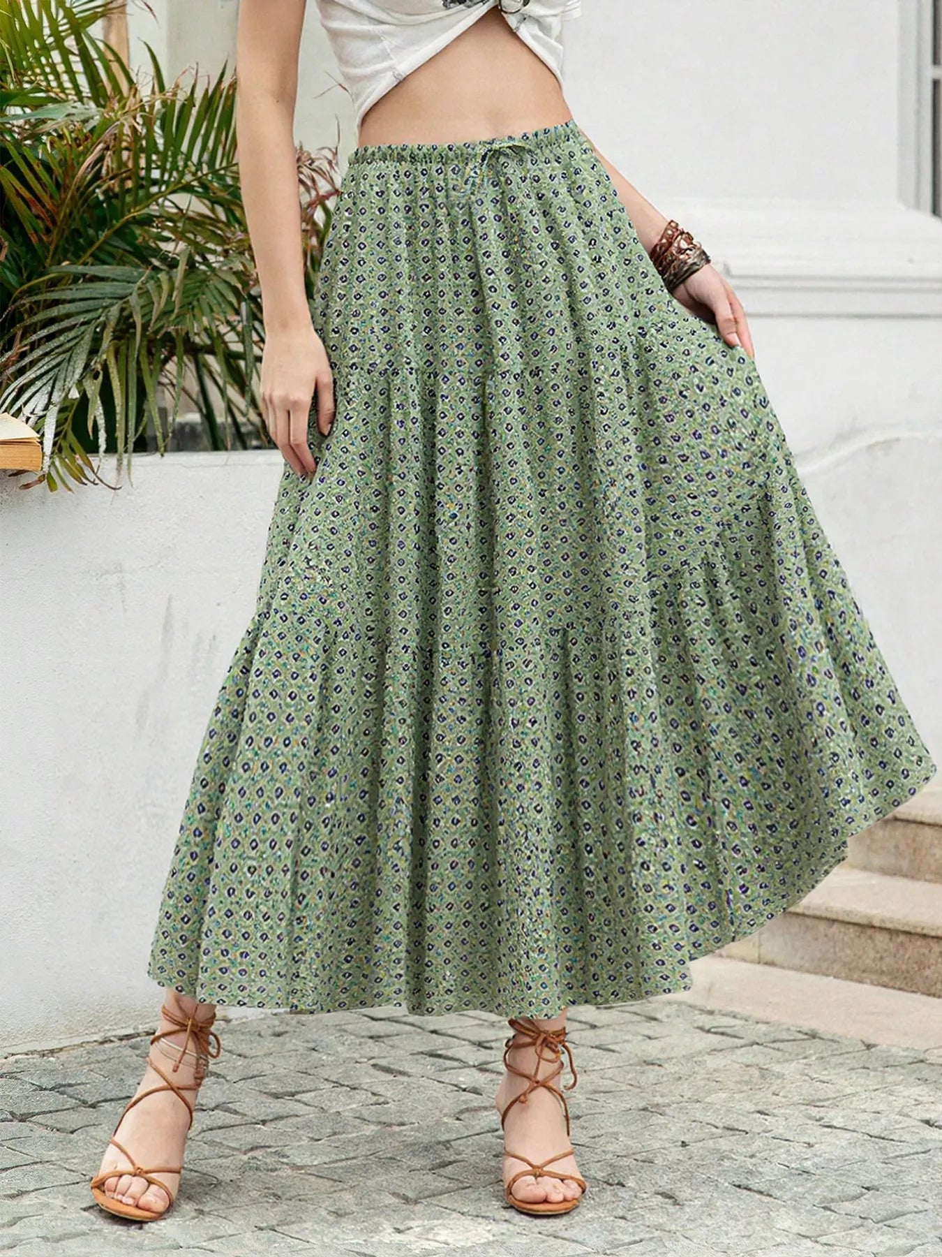 Boho Print Tiered Maxi Skirt OutfitFlow