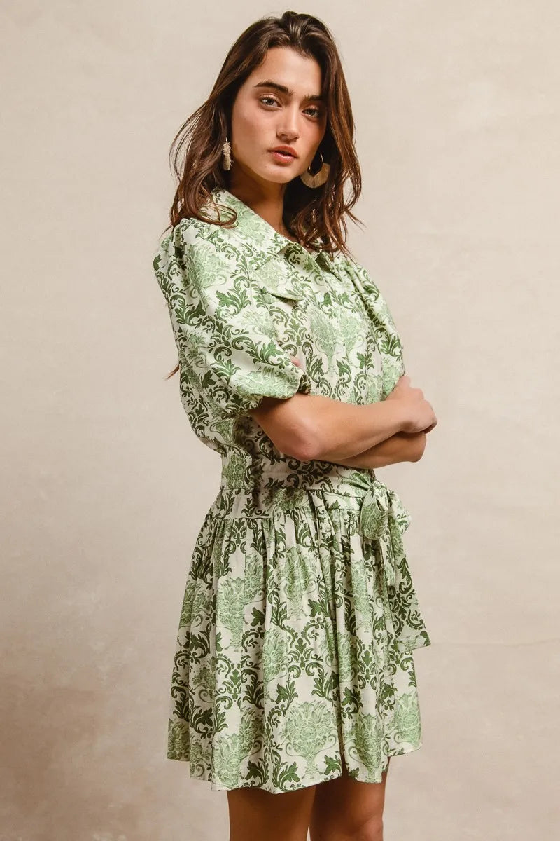 BiBi Tied Floral Short Sleeve Mini Shirt Dress OutfitFlow
