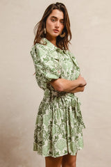 BiBi Tied Floral Short Sleeve Mini Shirt Dress OutfitFlow