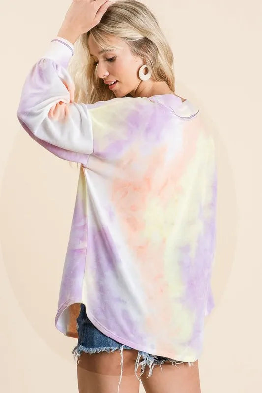 BiBi Tie Dye French Terry V-Neck Top with Puff Sleeves OutfitFlow