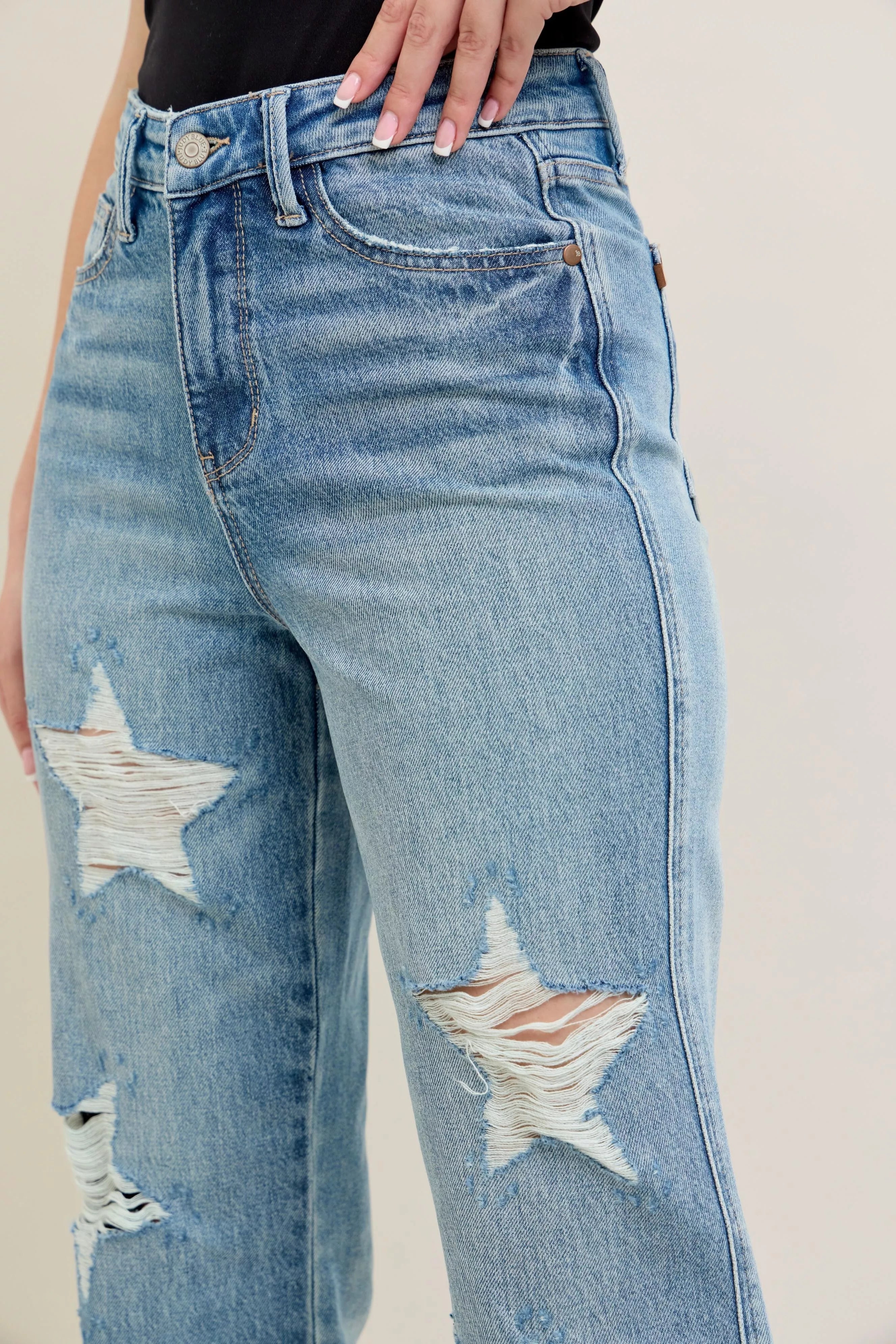 Judy Blue Full Size High Waist Rigid Magic Star Shaped Destroy 90's Straight Jeans Plus Size OutfitFlow