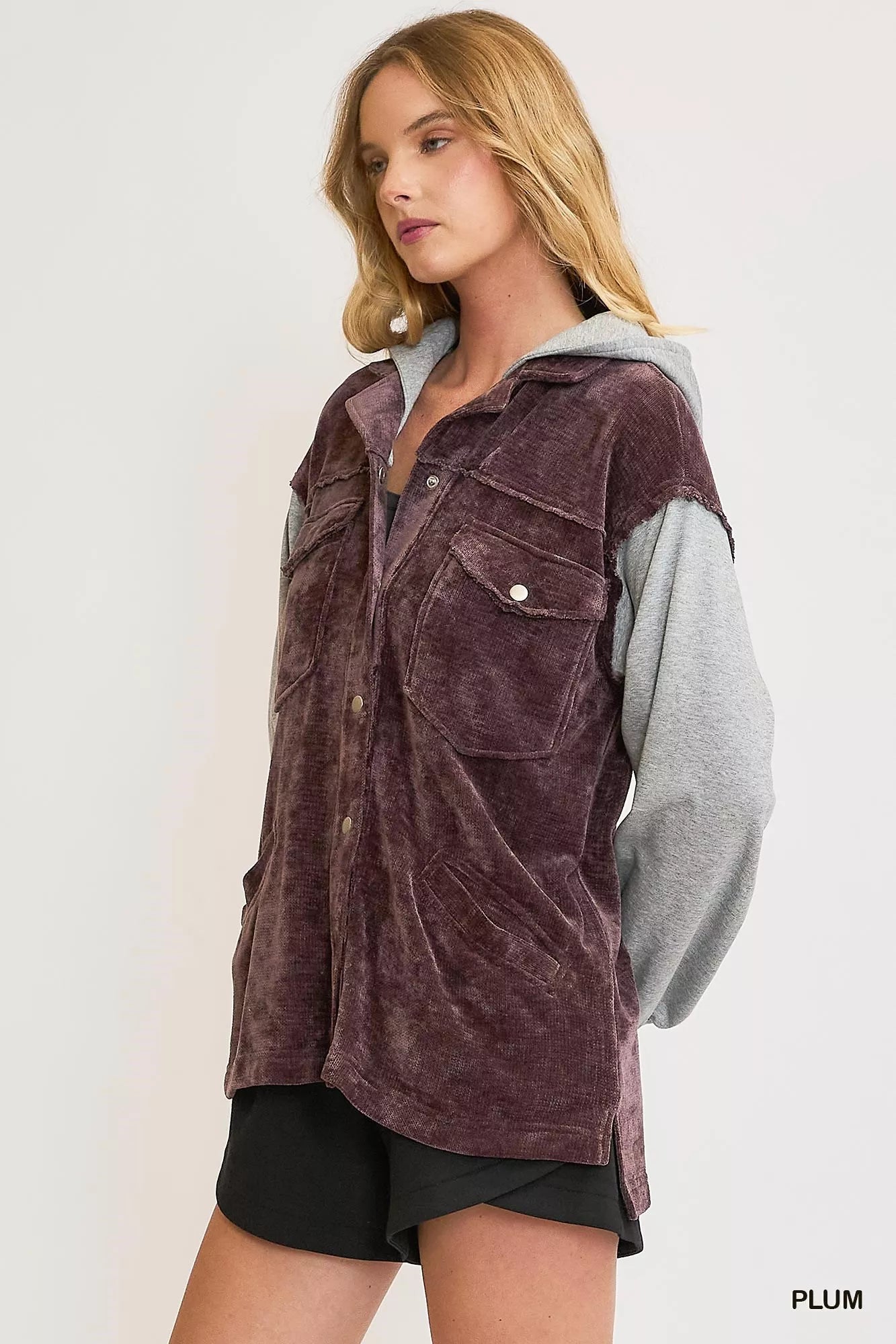 Umgee Contrast Hooded Chenille Jacket OutfitFlow
