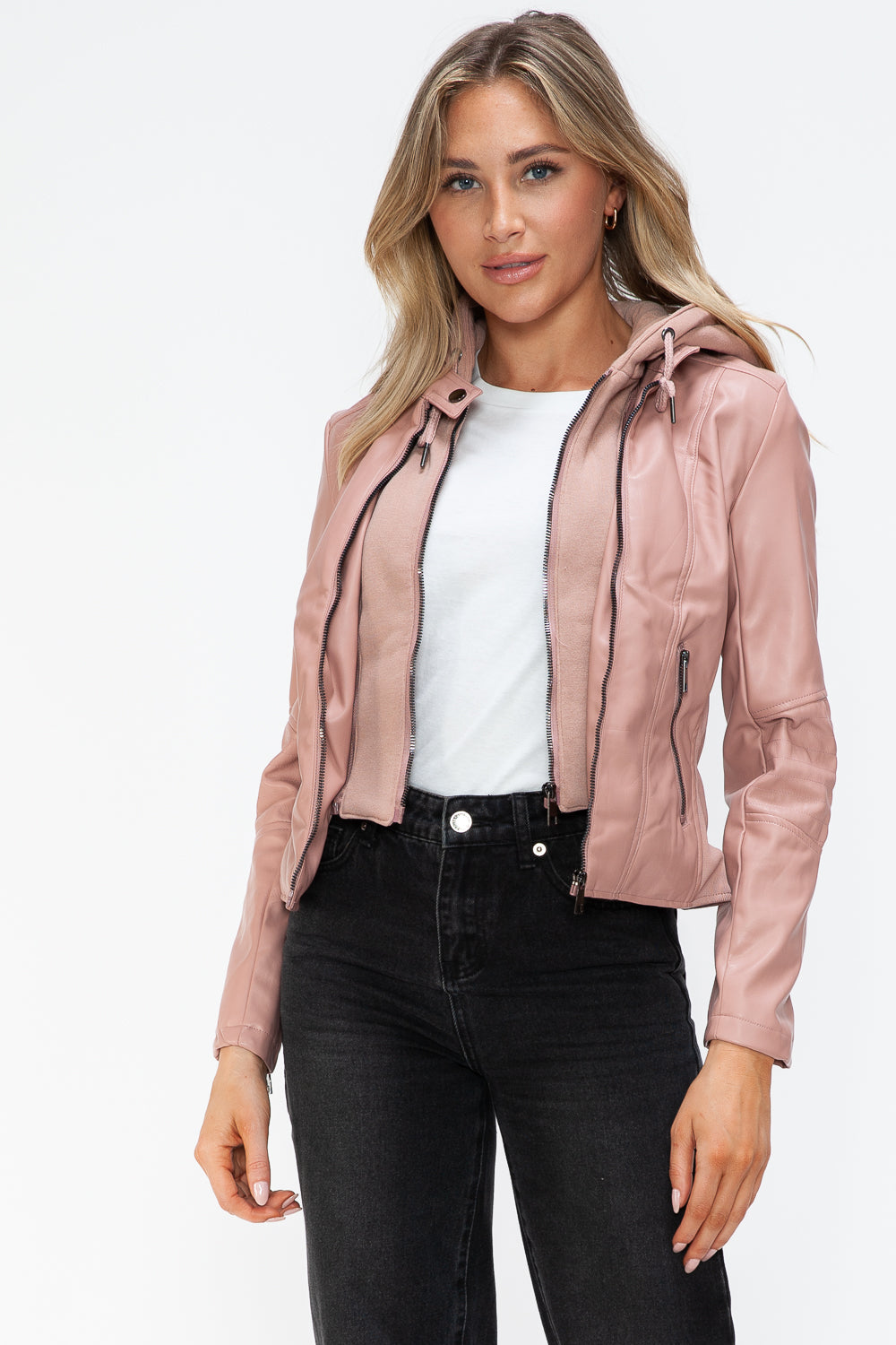 Outfit Flow - Snobbish Faux Leather Zip Up Drawstring Hooded Jacket