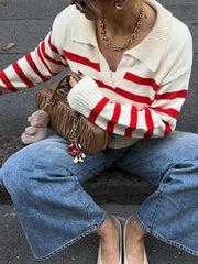 Striped Knit Polo Collar Sweater OutfitFlow