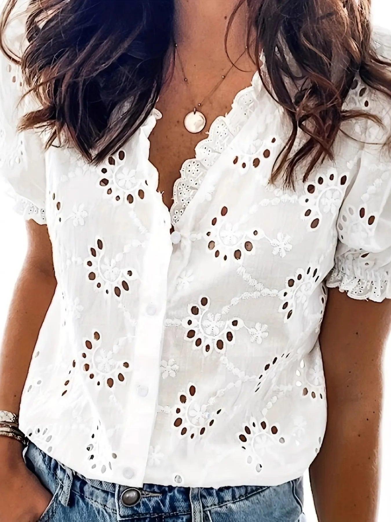 Eyelet Embroidered Short Sleeve Shirt White OutfitFlow