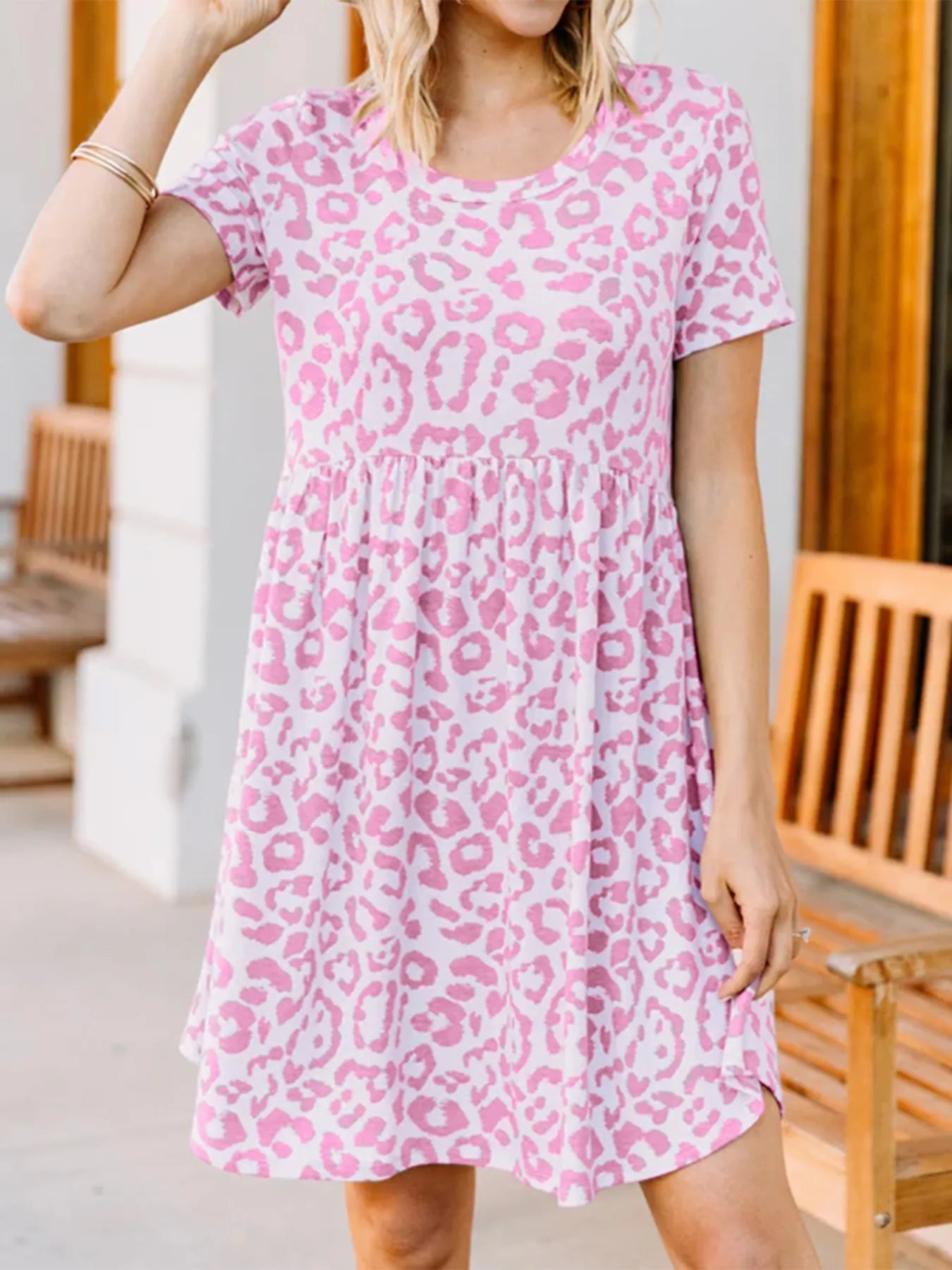 Leopard Print Short Sleeve Casual Dress OutfitFlow