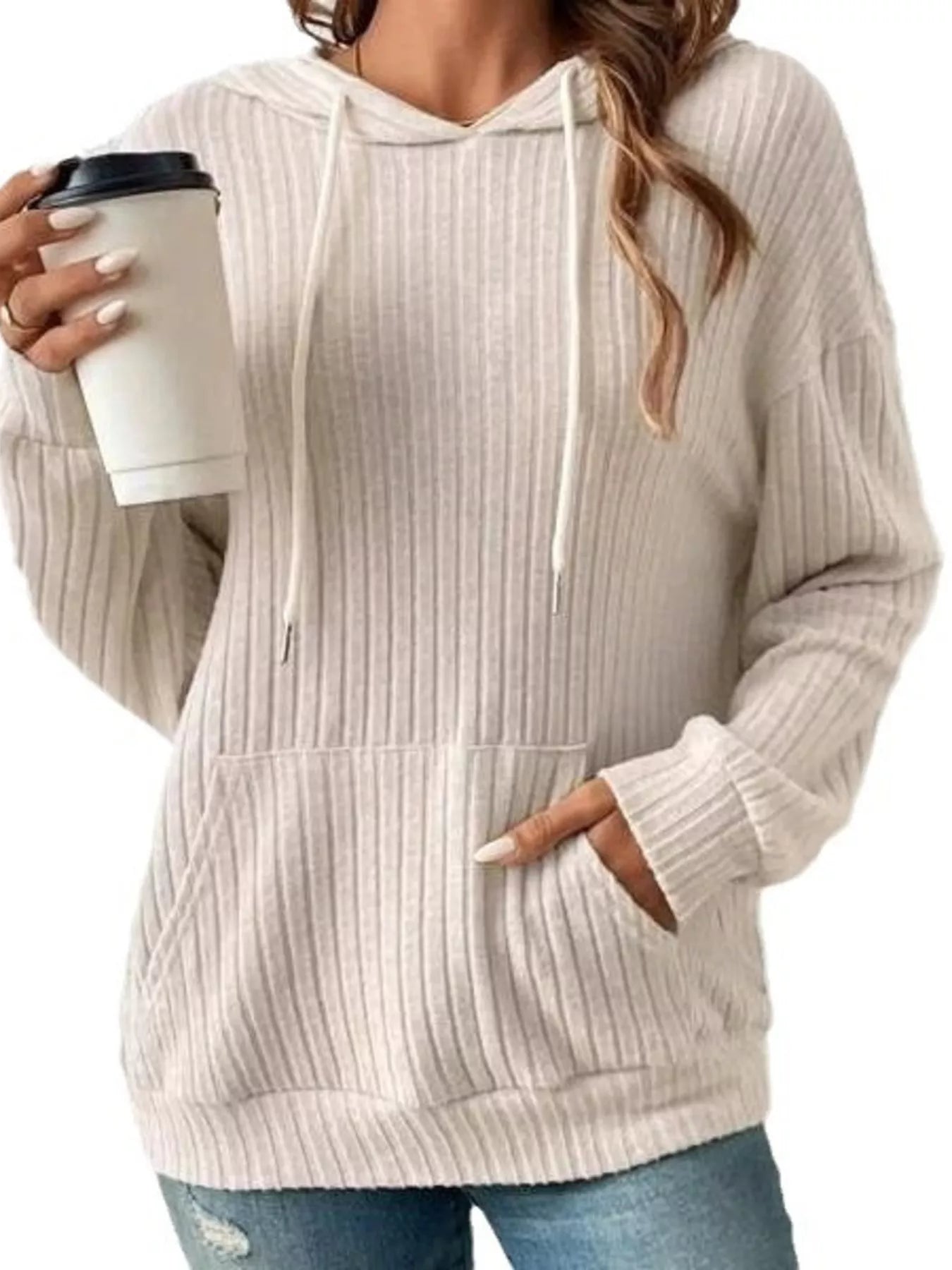 Ribbed Knit Long Sleeve Drawstring Hoodie OutfitFlow