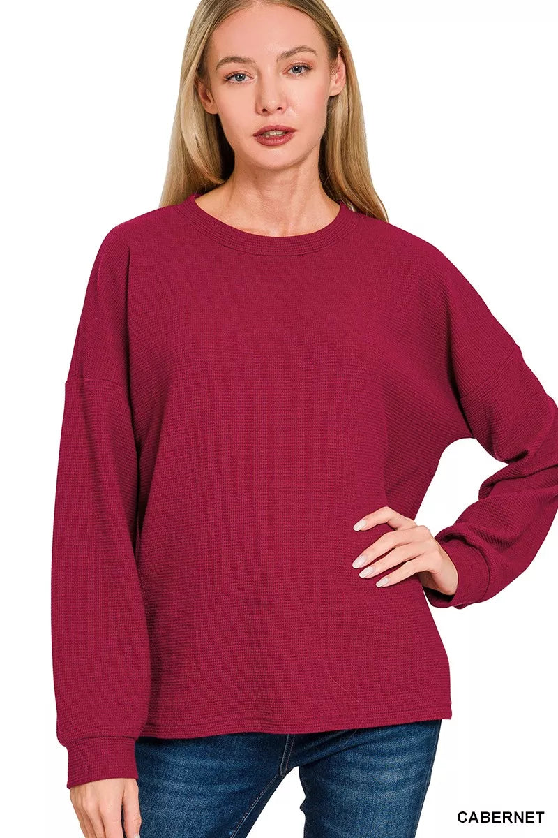 Zenana Double Knit Round Neck Long Sleeve Top CABERNET OutfitFlow