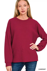 Zenana Double Knit Round Neck Long Sleeve Top CABERNET OutfitFlow