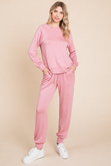 Outfit Flow - Super Lady Round Neck Raglan Sleeve Top and Drawstring Pants Lounge Set