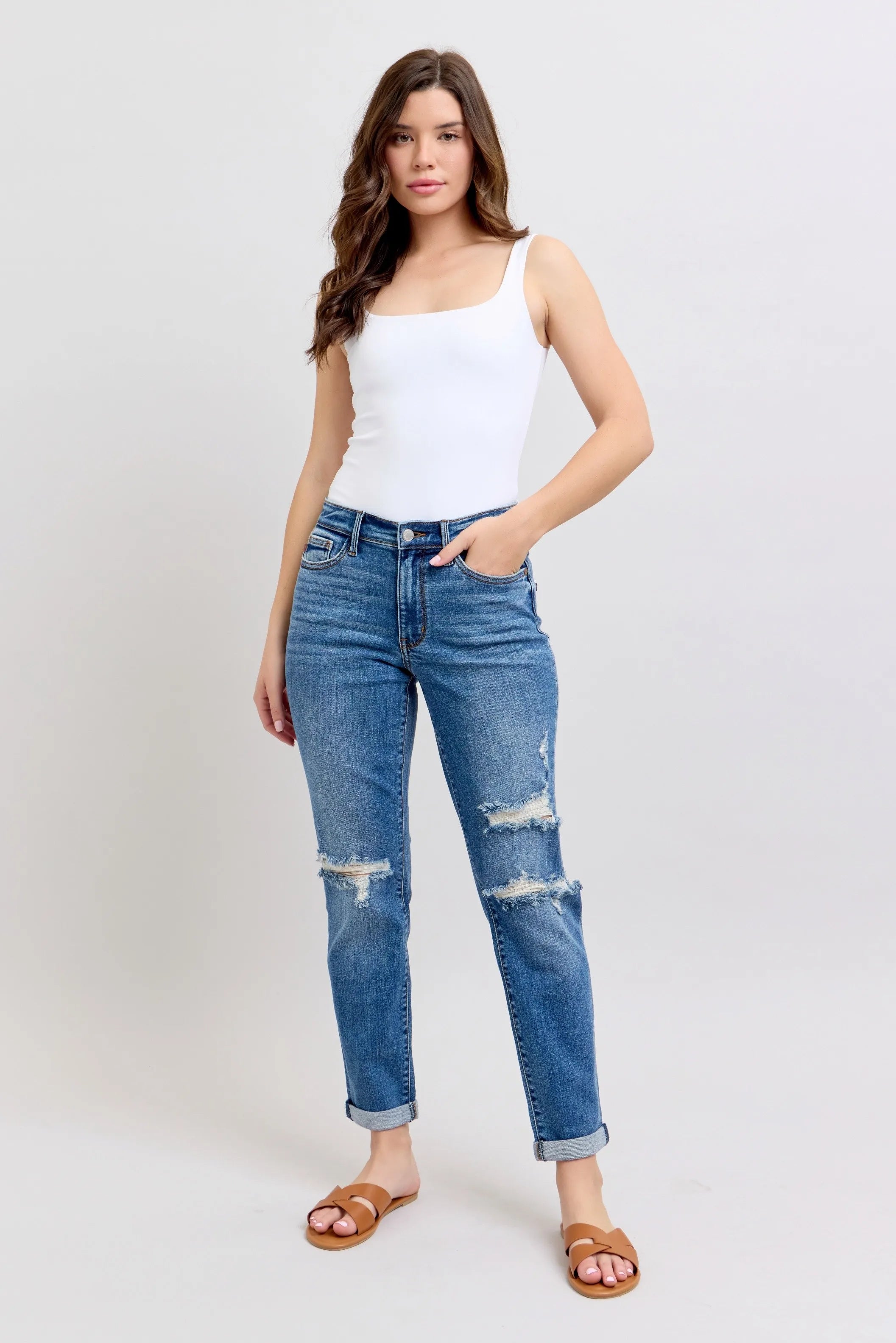 Judy Blue Full Size Mr Vintage Wash Boyfriend Fit W/ Destroy Jeans Plue Size OutfitFlow