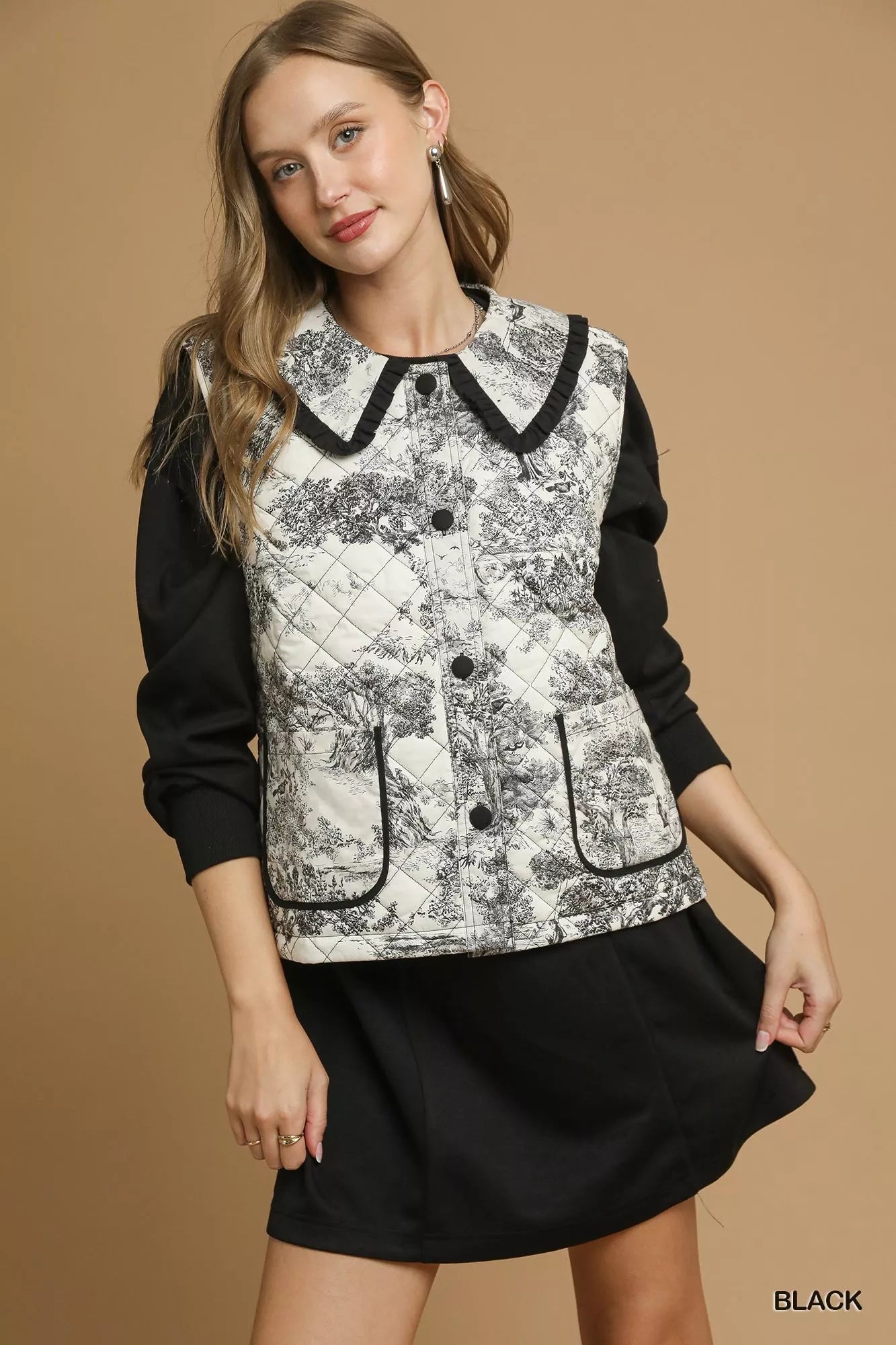 Umgee Toile Quilted Vest with Ruffle Collar OutfitFlow