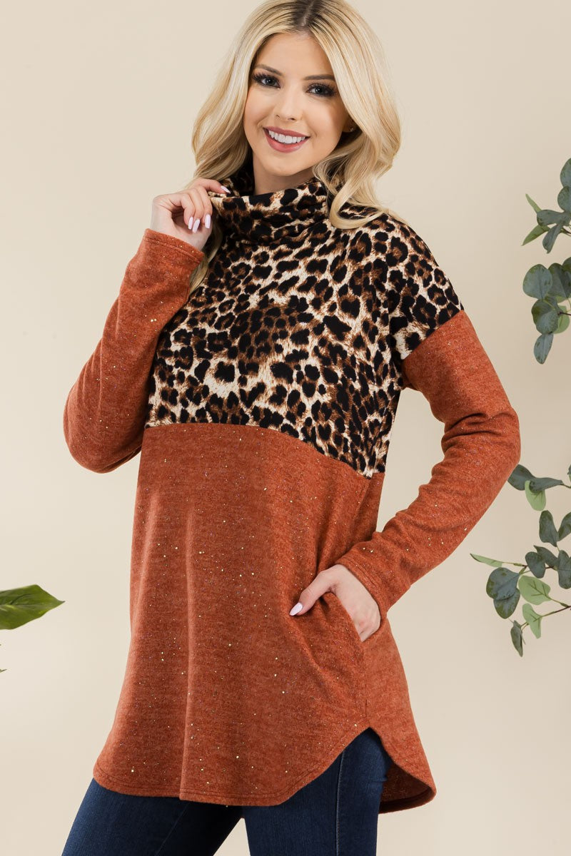 Outfit Flow - Celeste Full Size Curved Hem Leopard Turtleneck Long Sleeve Blouse