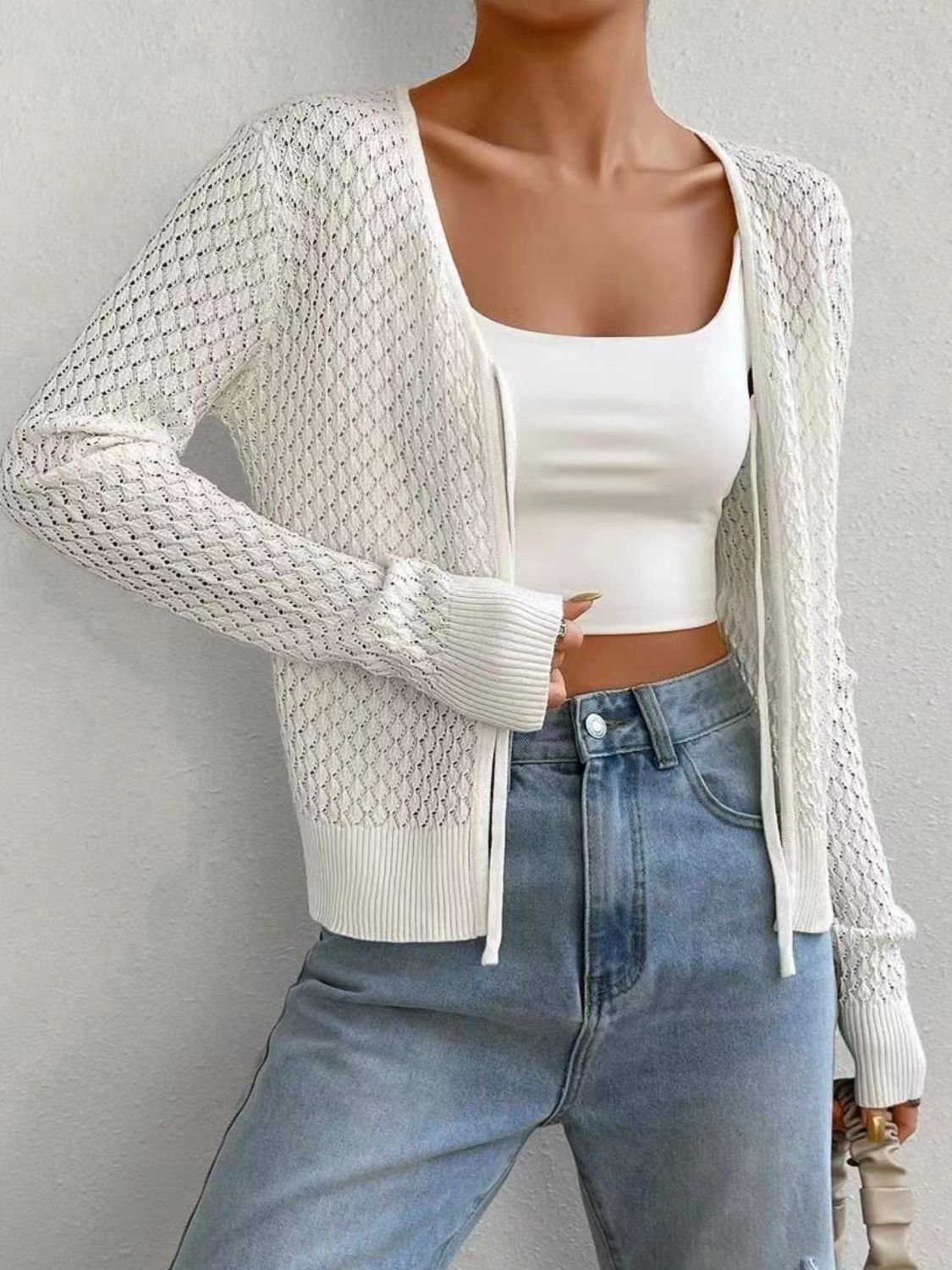 Outfit Flow - Tied Openwork V-Neck Long Sleeve Cardigan