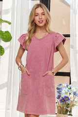 ADORA Mineral Washed V-Neck Ruffled Cap Sleeve Dress OutfitFlow