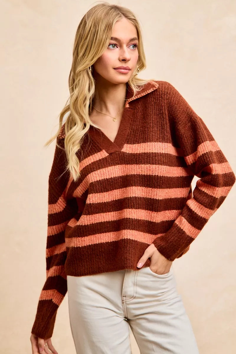 BiBi Striped Sweater Top with Collar Stitched Details Trendsi
