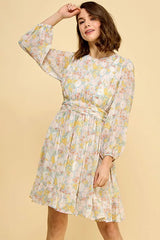Lime 'N' Chili Chiffon Floral Print Belted Dress with Back Zipper BLUE FLORAL OutfitFlow