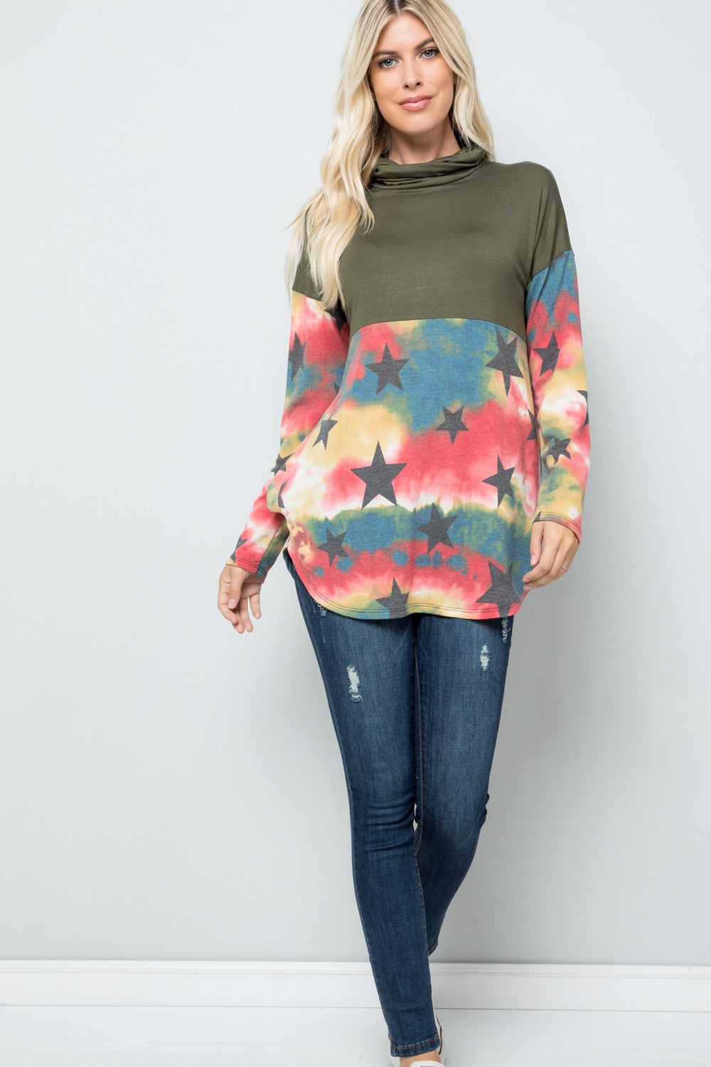 Outfit Flow - Celeste Full Size Tie-Dye Star Print Long Sleeve Blouse