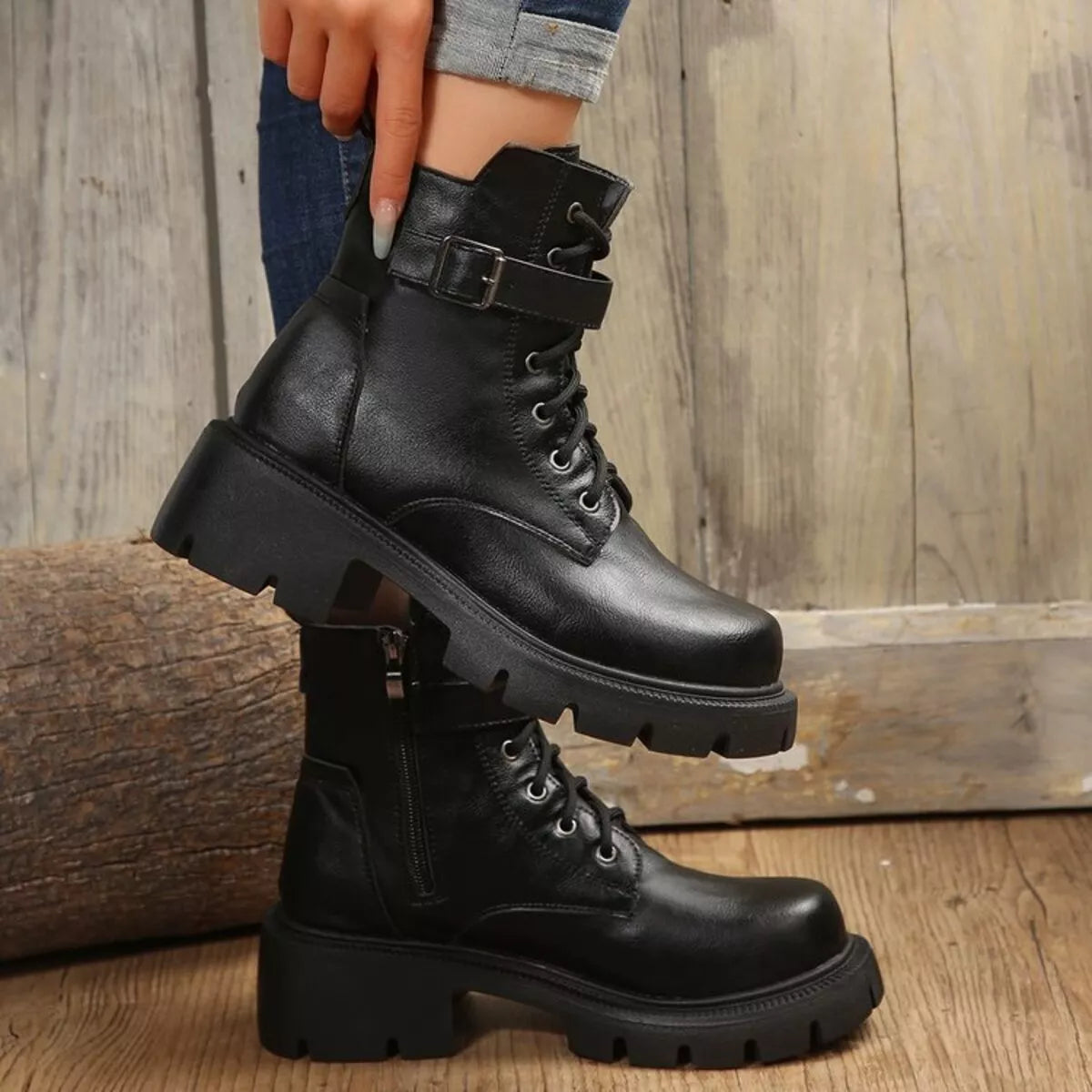 Lace-Up Buckle Accent Block Heel Boots Trendsi