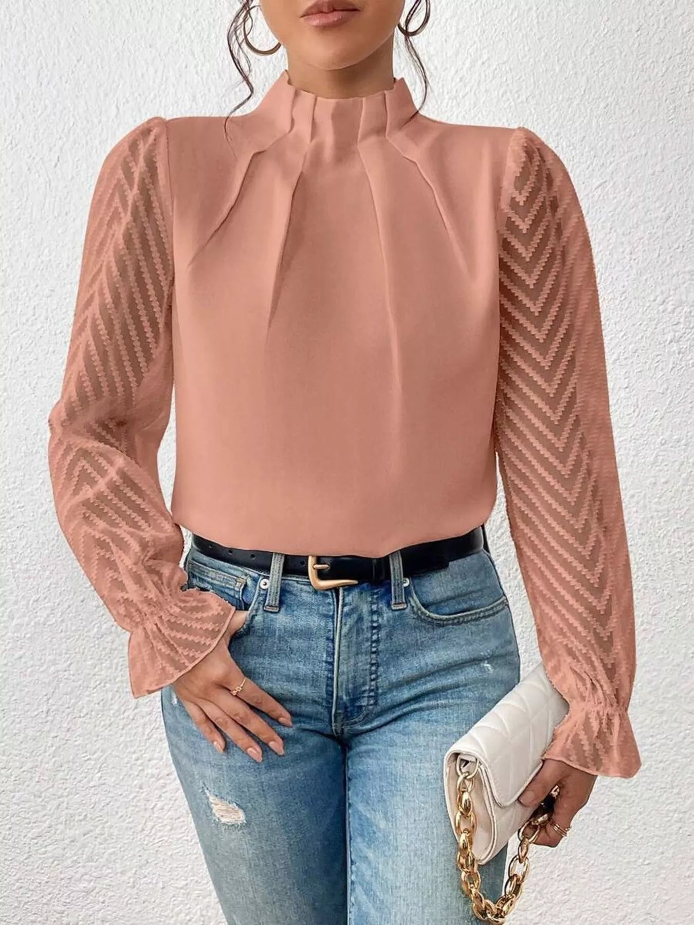 Mock Neck Sheer Lace Sleeve Blouse OutfitFlow