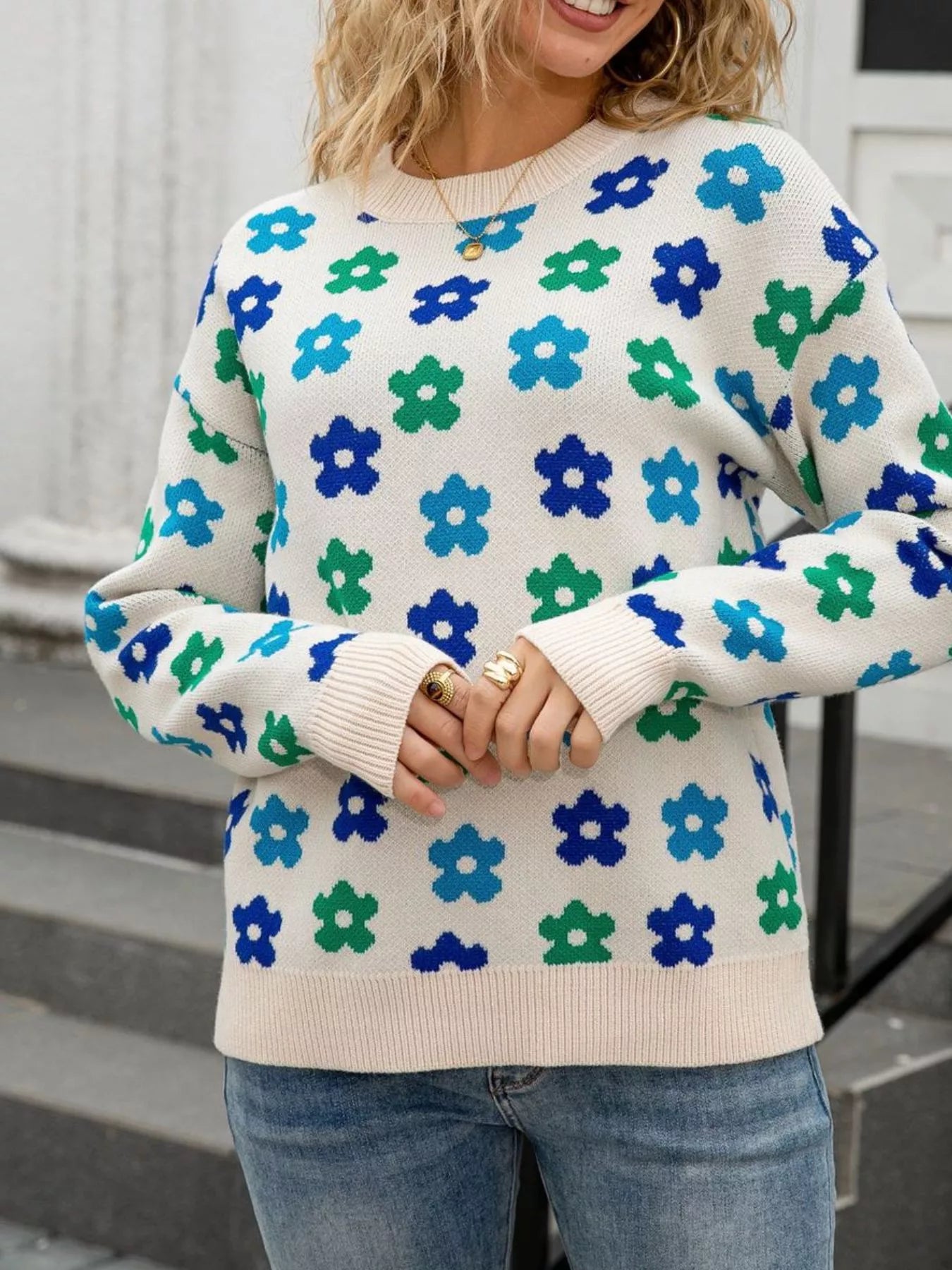 Floral Crew Neck Sweater Trendsi