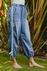 BiBi Striped Tape Details With Bot Tied Point Elastic Waist Jeans OutfitFlow