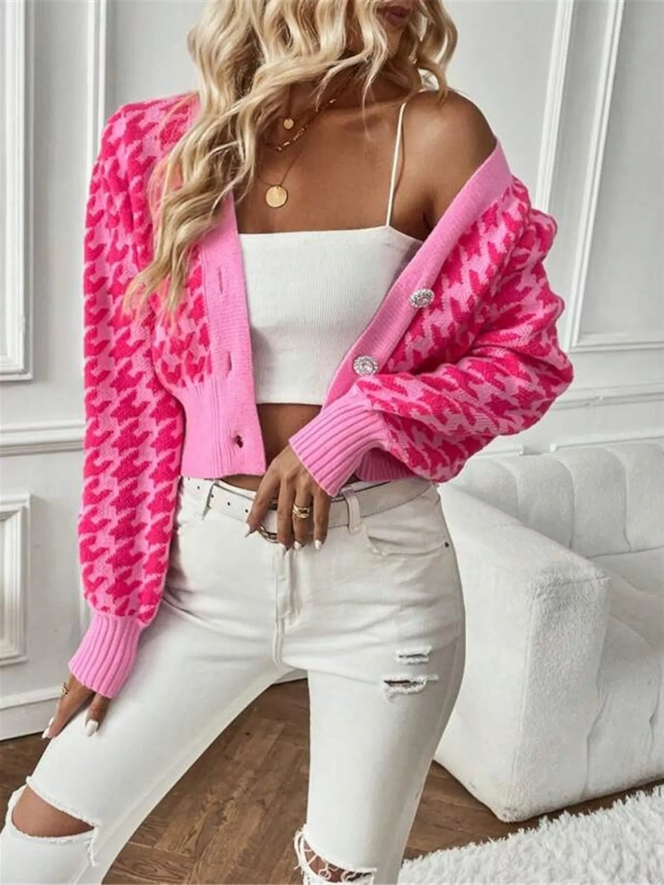 Houndstooth V-Neck Button Up Cardigan OutfitFlow