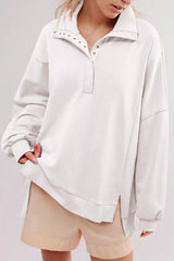 uttoned Collared Raw Detail High Low Baggy Sweatshirt with Slits White OutfitFlow