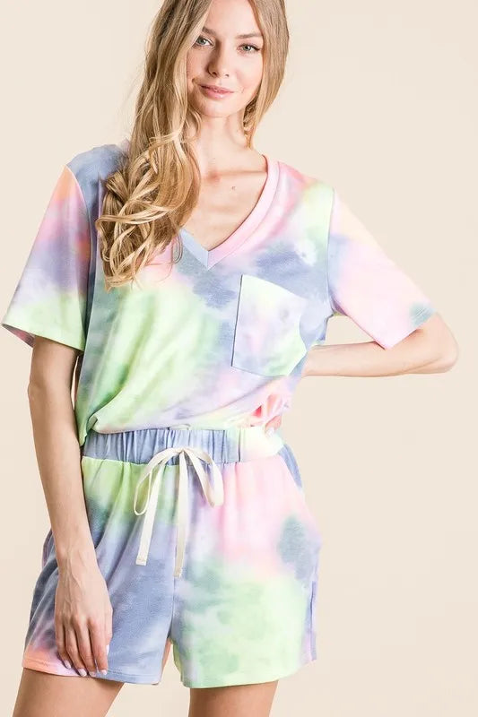 BiBi Tie Dye Casual Shorts with Twill Tape Drawstring OutfitFlow