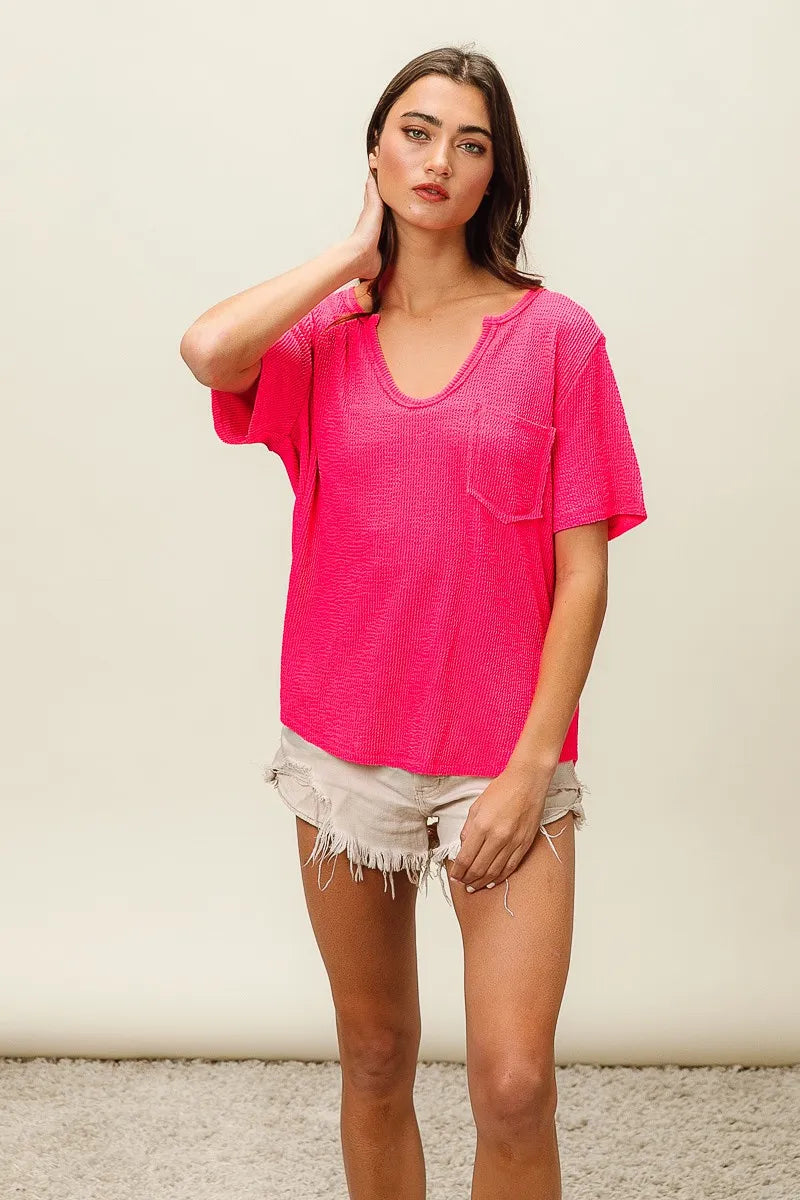 BiBi Waved Rib U Neck Top With Front Pocket OutfitFlow