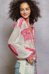 POL Texture Woven Button Down Hooded Shirt with Drawstring Hem Trendsi